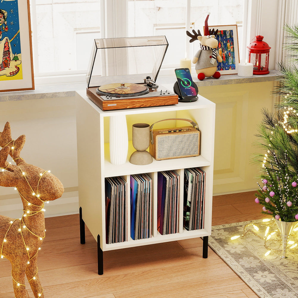 Record player stand in white featuring ambient LED lighting, spacious top, and vinyl record storage for stylish audio.