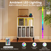 Record player stand with LED light, charging station, and open shelf for vinyl records, featuring adjustable brightness.
