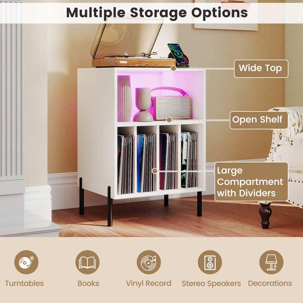 Record player stand with LED light, open shelf, and large compartment for vinyl records, ideal for audio equipment.