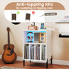 Record player stand with LED light, charging station, and anti-toppling kits for stable storage of vinyl records.