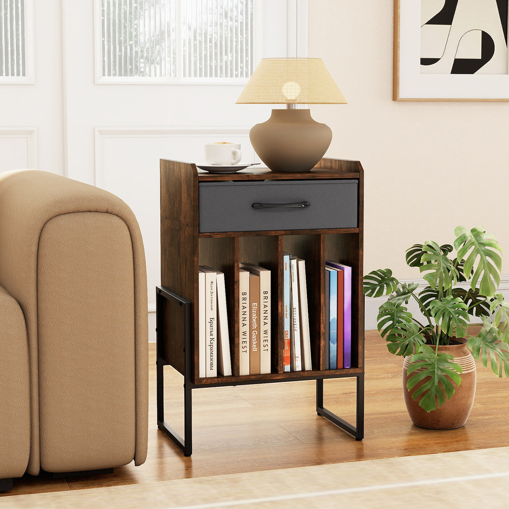 Record Player Stand with Drawer and Record Holder-Rustic Brown - Gallery View 1 of 11