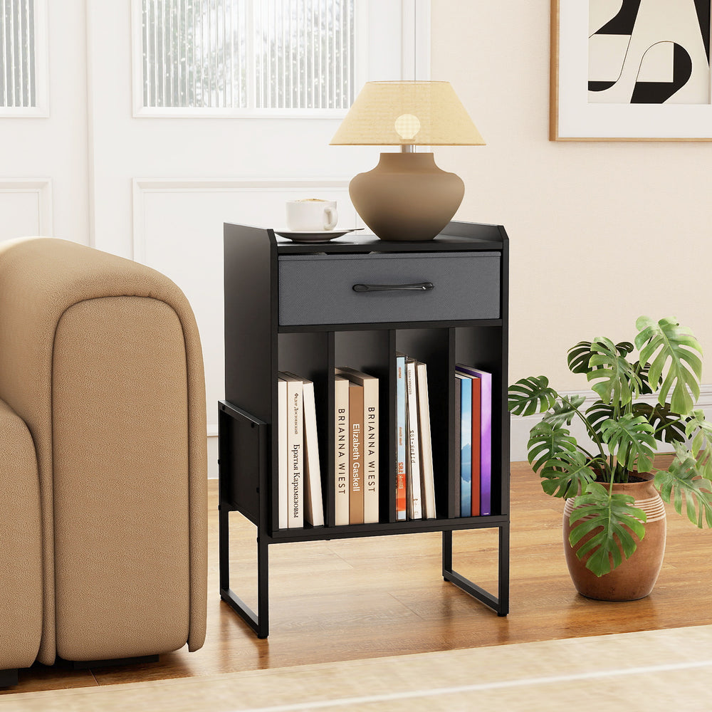 Record Player Stand with Drawer and Record Holder-Black - Gallery View 1 of 11