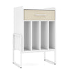 Record player stand in white with a drawer and vinyl record holder, perfect for music rooms and living spaces.