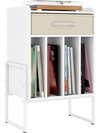 Record player stand in white with drawer and vinyl record holder, ideal for music room or living room organization.