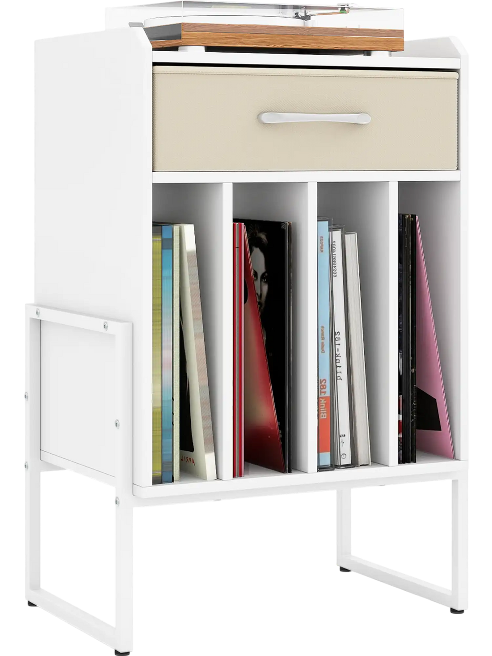 Record player stand in white with drawer and vinyl record holder, ideal for music room or living room organization.