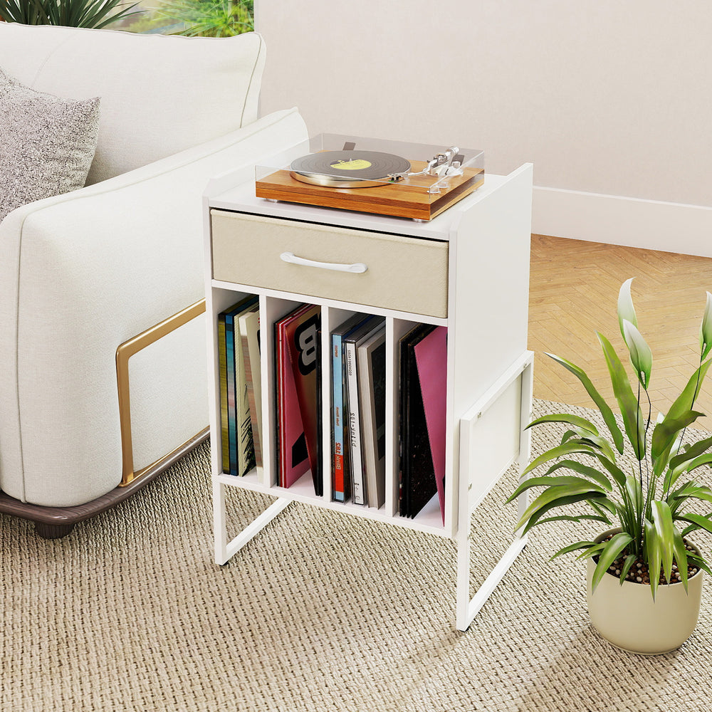 Record player stand in white with drawer and vinyl record holder, ideal for music rooms or living spaces.
