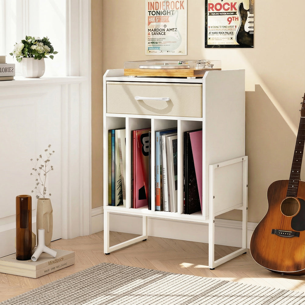 Record player stand in white showcasing a pull-out drawer and vinyl holder, perfect for stylish organization in any.