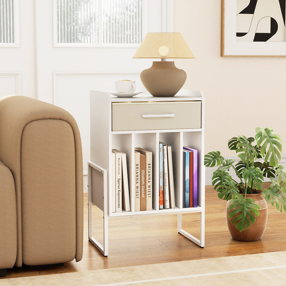 Record player stand in white with drawer and record holder, perfect for music rooms or living rooms, featuring a sturdy.