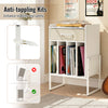 Record player stand in white with drawer and vinyl holder, featuring anti-toppling kits for enhanced stability and.
