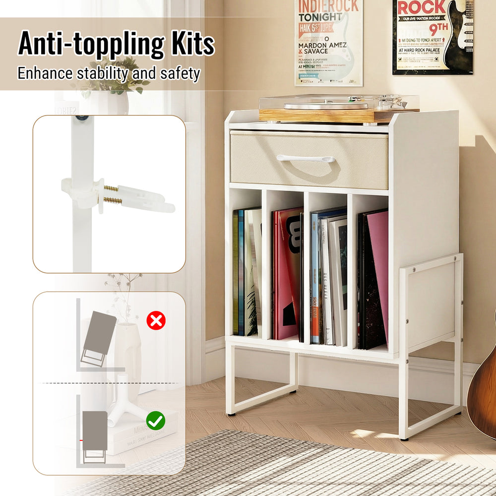 Record player stand in white with drawer and vinyl holder, featuring anti-toppling kits for enhanced stability and.