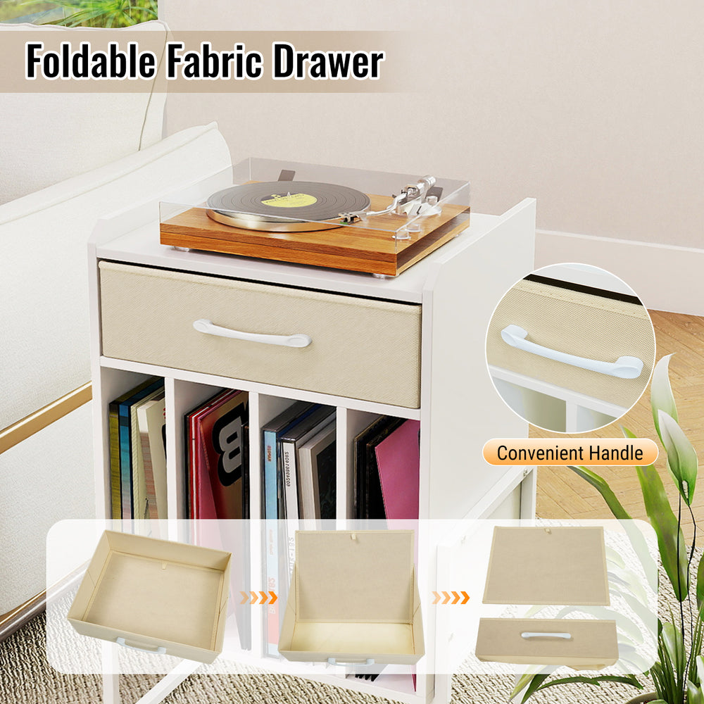 Record player stand with a foldable fabric drawer, featuring a convenient handle and large storage for vinyl albums.