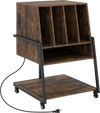 Rolling turntable stand in rustic brown with 4 record compartments, power outlets, and wheels for easy mobility.