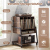 Rolling record player stand in rustic brown with 4 compartments, power outlets, and wheels for easy mobility.