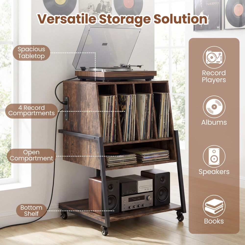 Rolling record player stand in rustic brown with 4 compartments, power outlets, and wheels for easy mobility.
