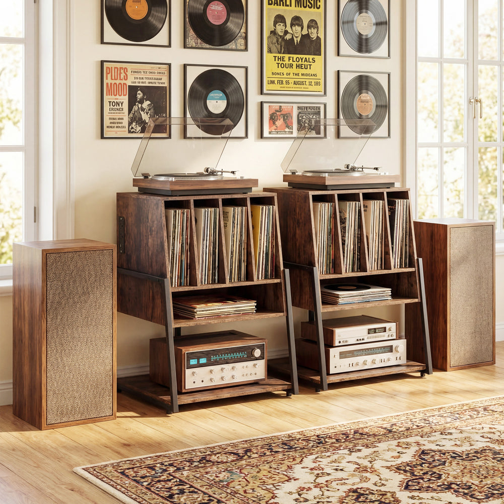 Rolling turntable stand in rustic brown with 3-tier storage, power outlets, and wheels for easy mobility and.