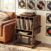 Record player stand on wheels in rustic brown with an open compartment and heavy-duty metal frame for music.