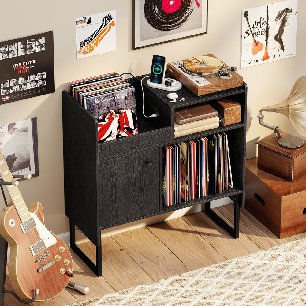 Top view of the black record player stand showcasing the wide tabletop and vinyl storage for up to 250 albums.