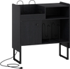 Record player stand in black with vinyl storage for 250 albums, power outlets, and cable management for organized.