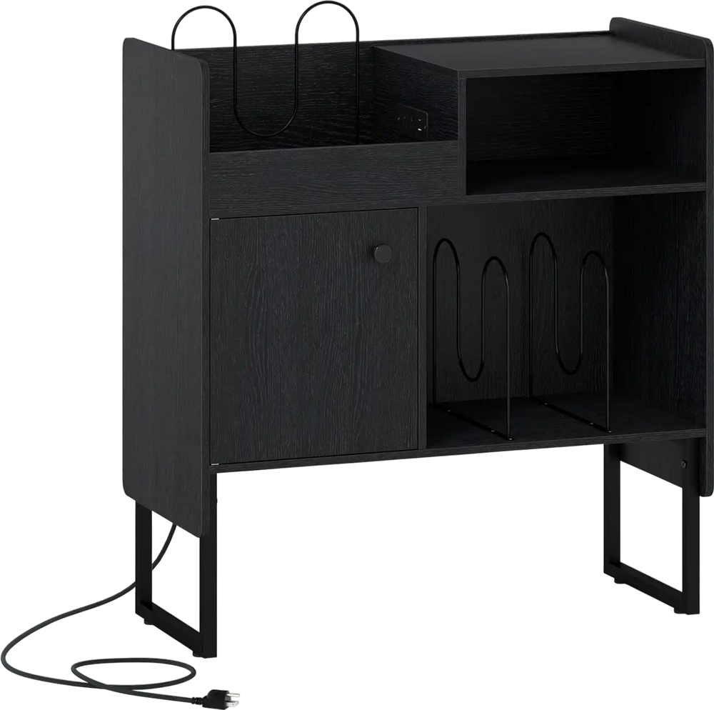 Record player stand in black with vinyl storage for 250 albums, power outlets, and cable management for organized.
