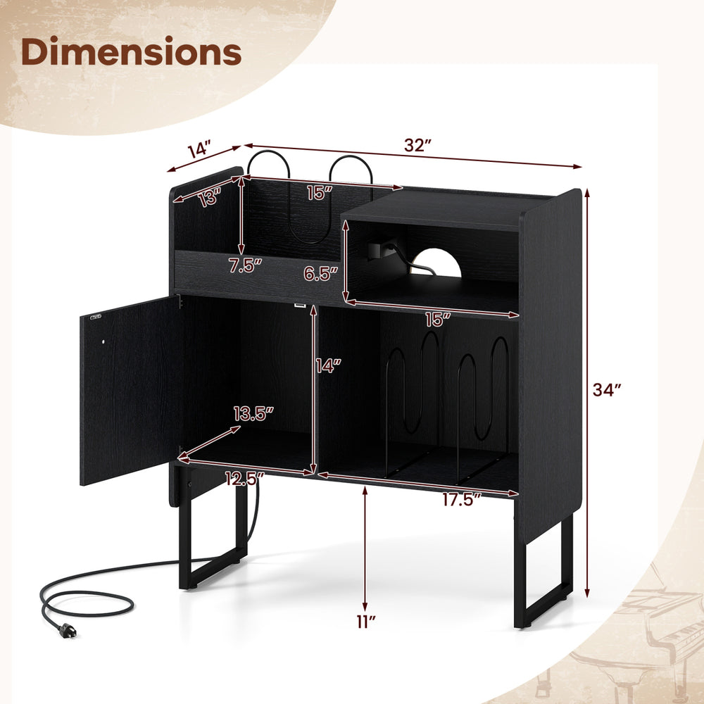Record player stand with dimensions, featuring vinyl storage for 250 albums, power outlets, and a sleek black finish.