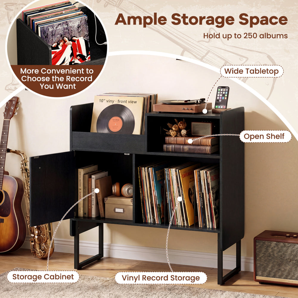 Record player stand in black with vinyl storage for up to 250 albums, featuring open shelf and power outlets.