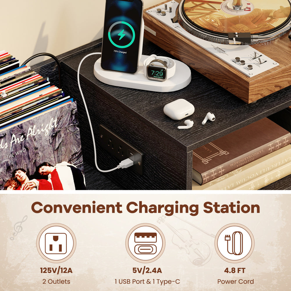 Record player stand with vinyl storage for 250 albums, featuring 2 outlets, USB, and Type-C charging ports.