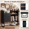 Record player stand in black with vinyl storage for 250 albums, featuring power outlets and a sturdy metal frame.