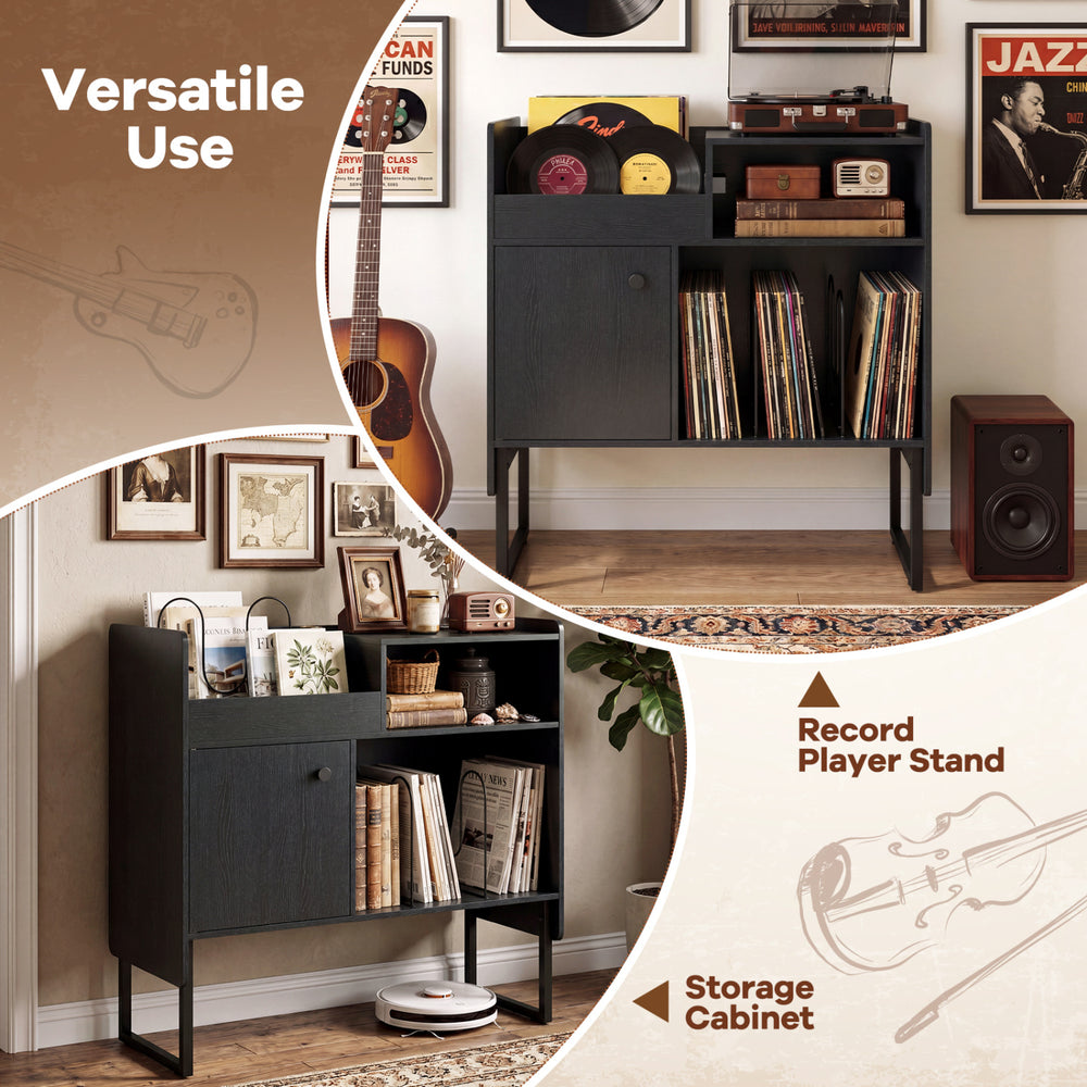 Record player stand in black with vinyl storage for up to 250 albums, featuring power outlets and a storage cabinet.