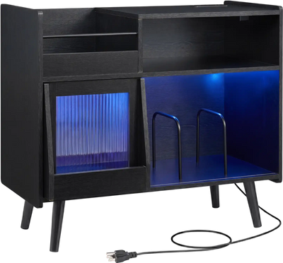 Costway Record Player Stand LED Light Power Outlets Side Table 13164428 New