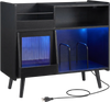 Record player stand in black with LED light, power outlets, and open storage compartments for stylish organization.