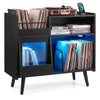 Record player stand in black with LED light, power outlets, and storage for vinyl records and books.