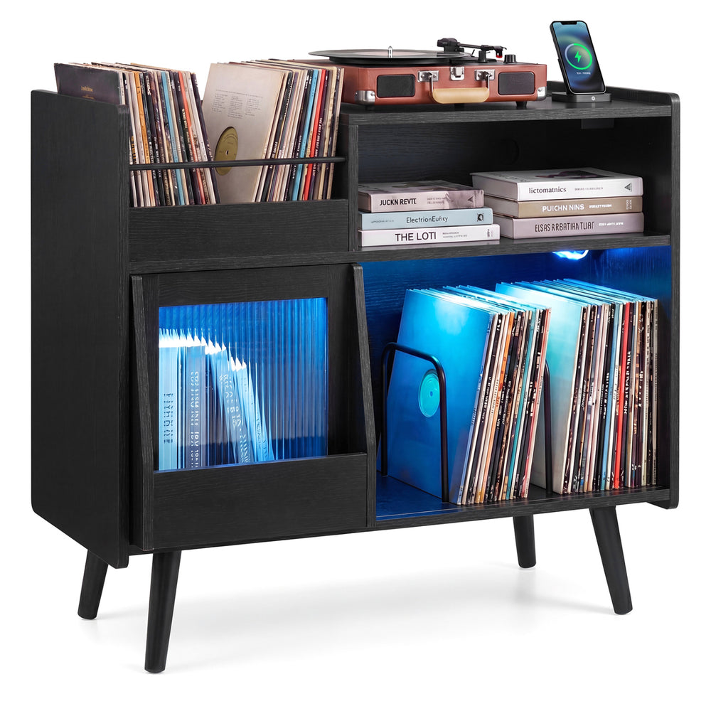 Record player stand in black with LED light, power outlets, and storage for vinyl records and books.