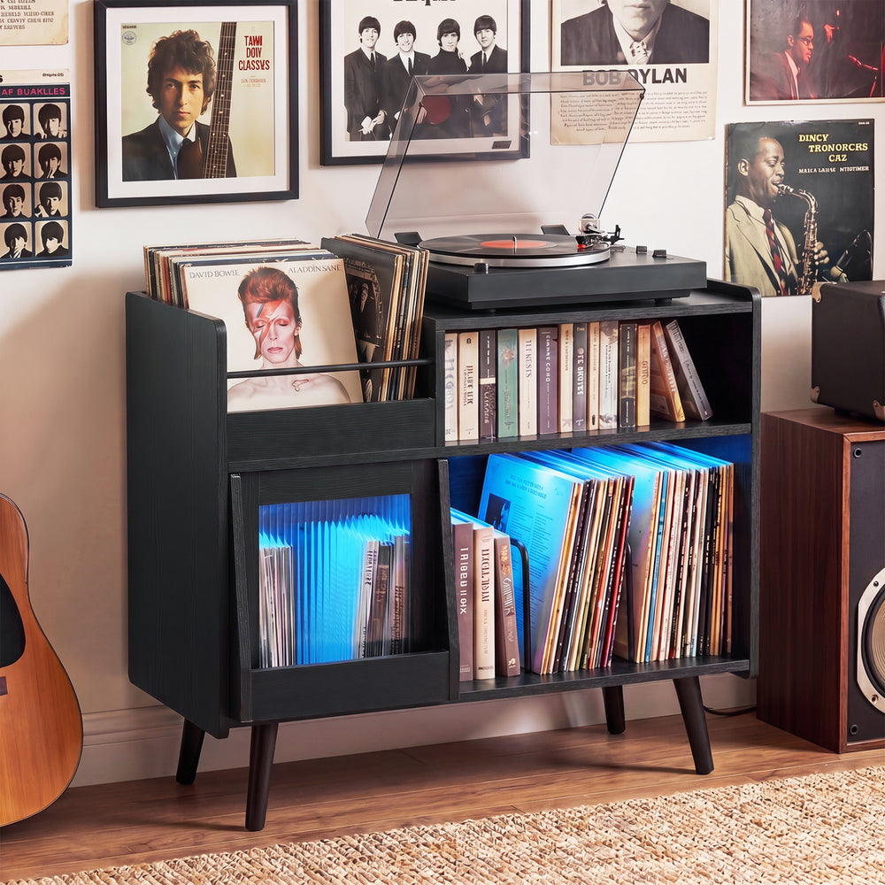 Record Player Stand with LED Light and Power Outlets-Black - Gallery View 1 of 11