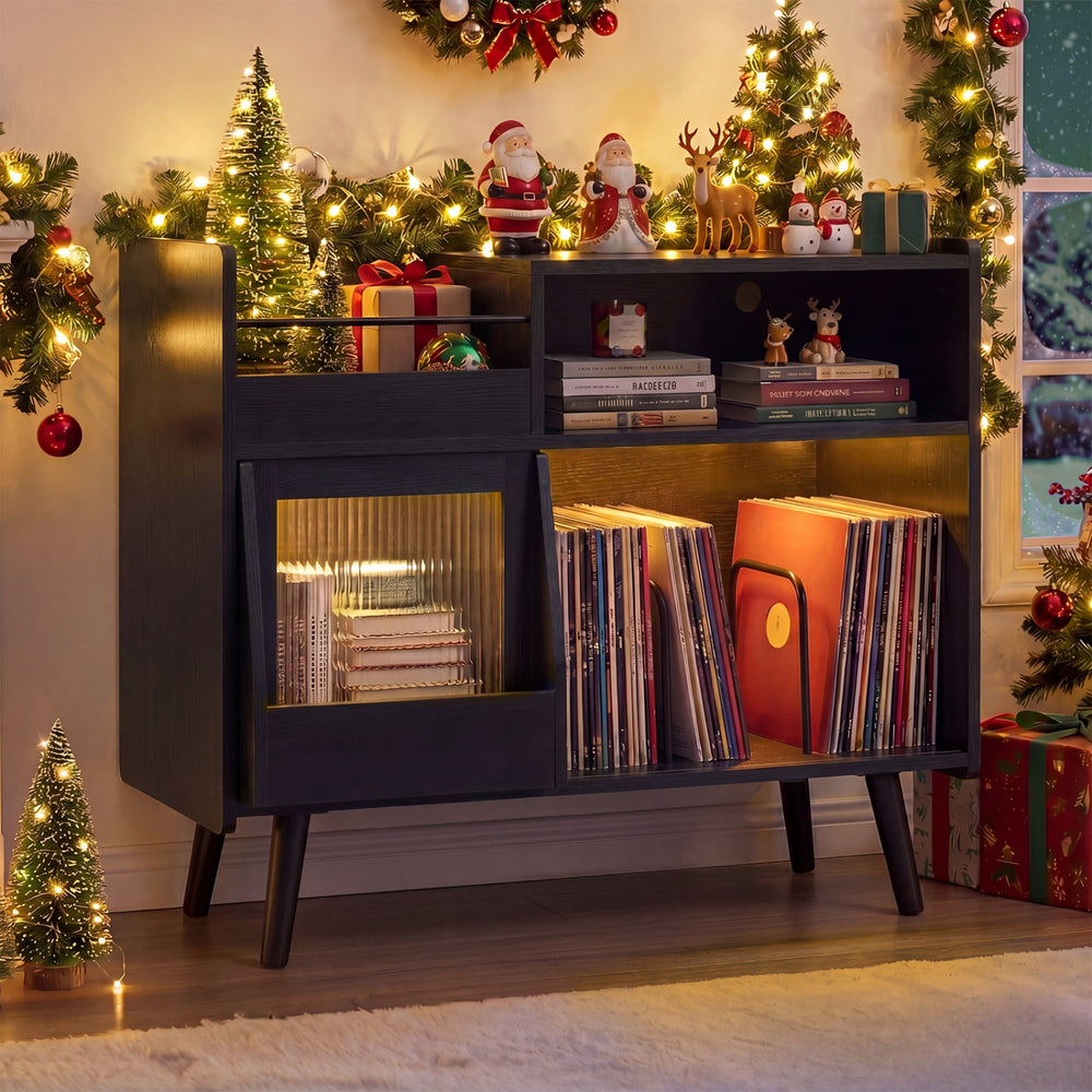 Record player stand in black with LED light, showcasing vinyl records, perfect for stylish music storage.