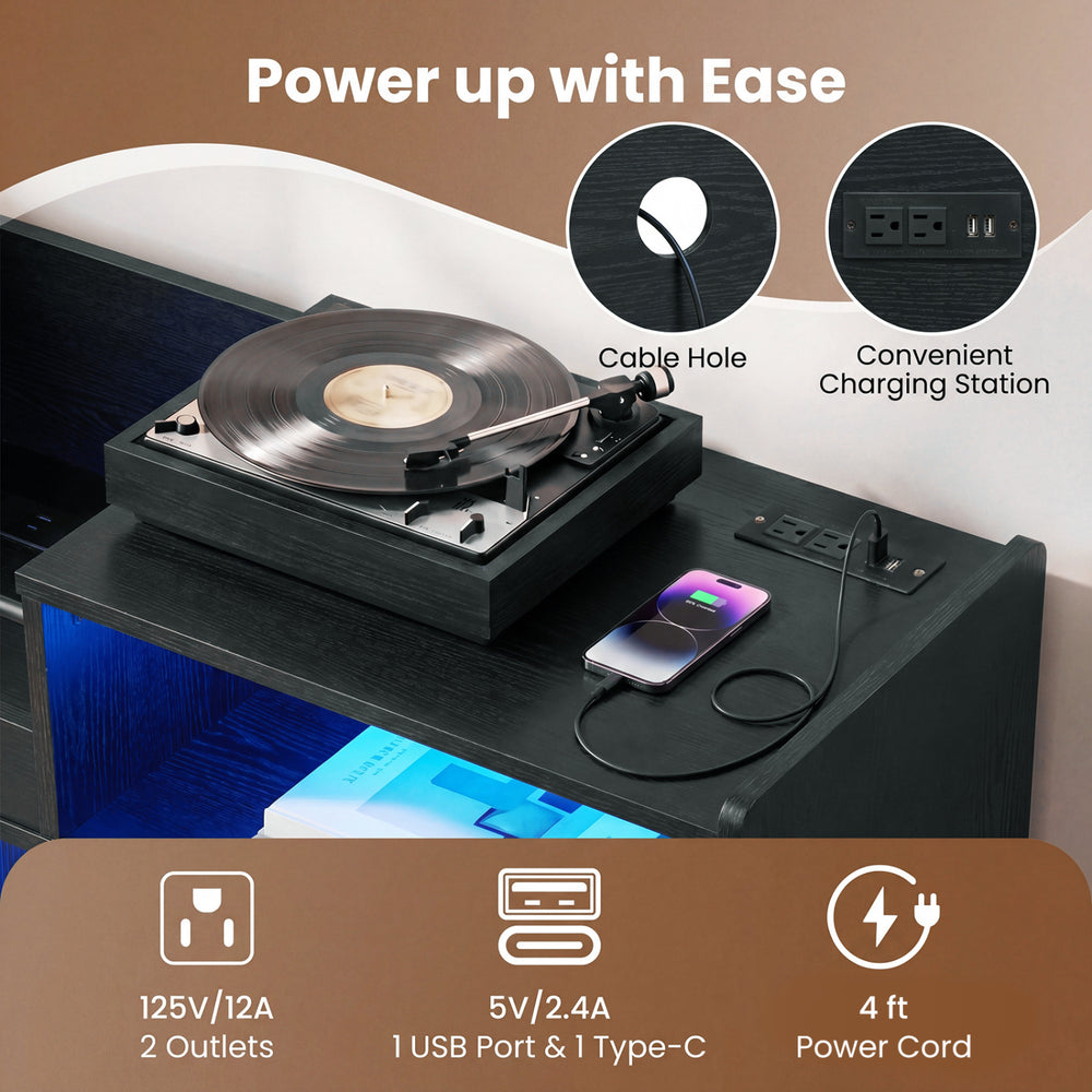 Record player stand in black with LED light, power outlets, and charging station for convenient use.