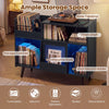 Record player stand in black with LED light, open shelf, storage cabinet, and magazine rack for versatile organization.
