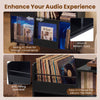 Record player stand in black featuring LED light, sliding door, and anti-falling guardrail for easy album access.