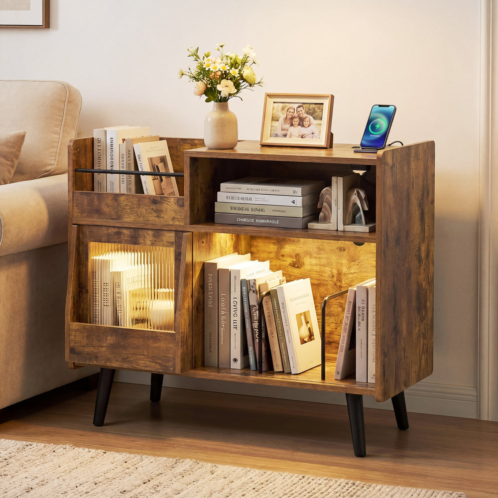 Record Player Stand with LED Light and Power Outlets-Rustic Brown - Gallery View 1 of 11