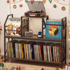 Record player stand in rustic brown with vinyl storage, power outlets, and sturdy metal frame for music rooms.