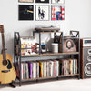 Record player stand in rustic brown with vinyl storage, power outlets, and open shelves for audio equipment.