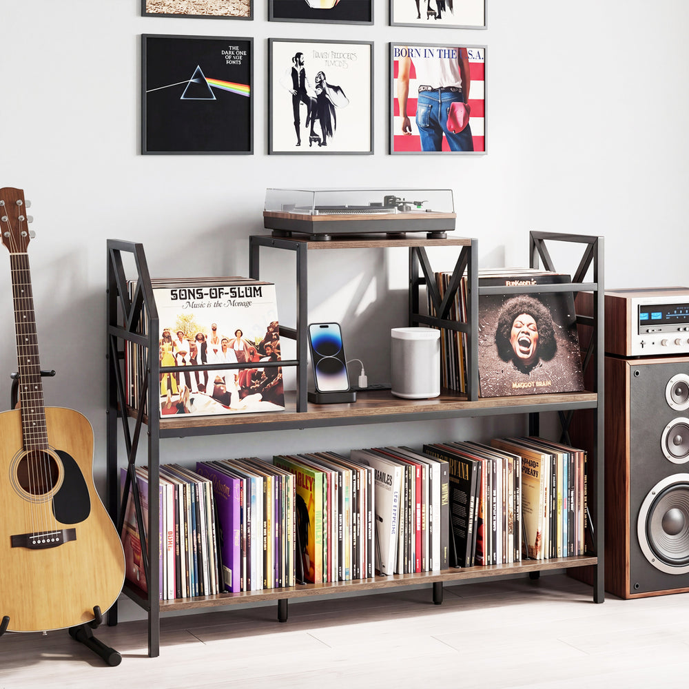 Record player stand in rustic brown with vinyl storage, power outlets, and open shelves for audio equipment.