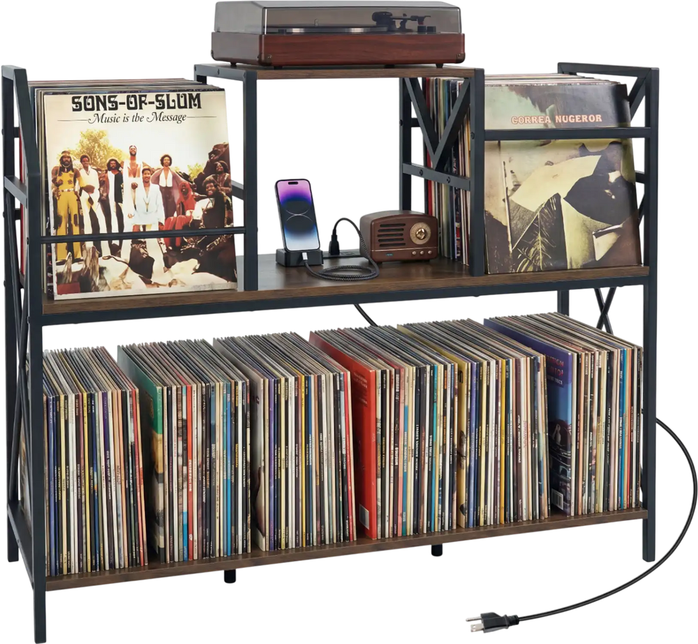 Record player stand in rustic brown with vinyl storage, power outlets, and sturdy metal frame for living room use.