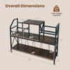 Record player stand with rustic brown finish, featuring vinyl storage, power outlets, and sturdy metal frame dimensions.