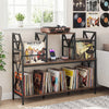 Record player stand in rustic brown with vinyl storage, power outlets, and X-shaped metal frame for music rooms.