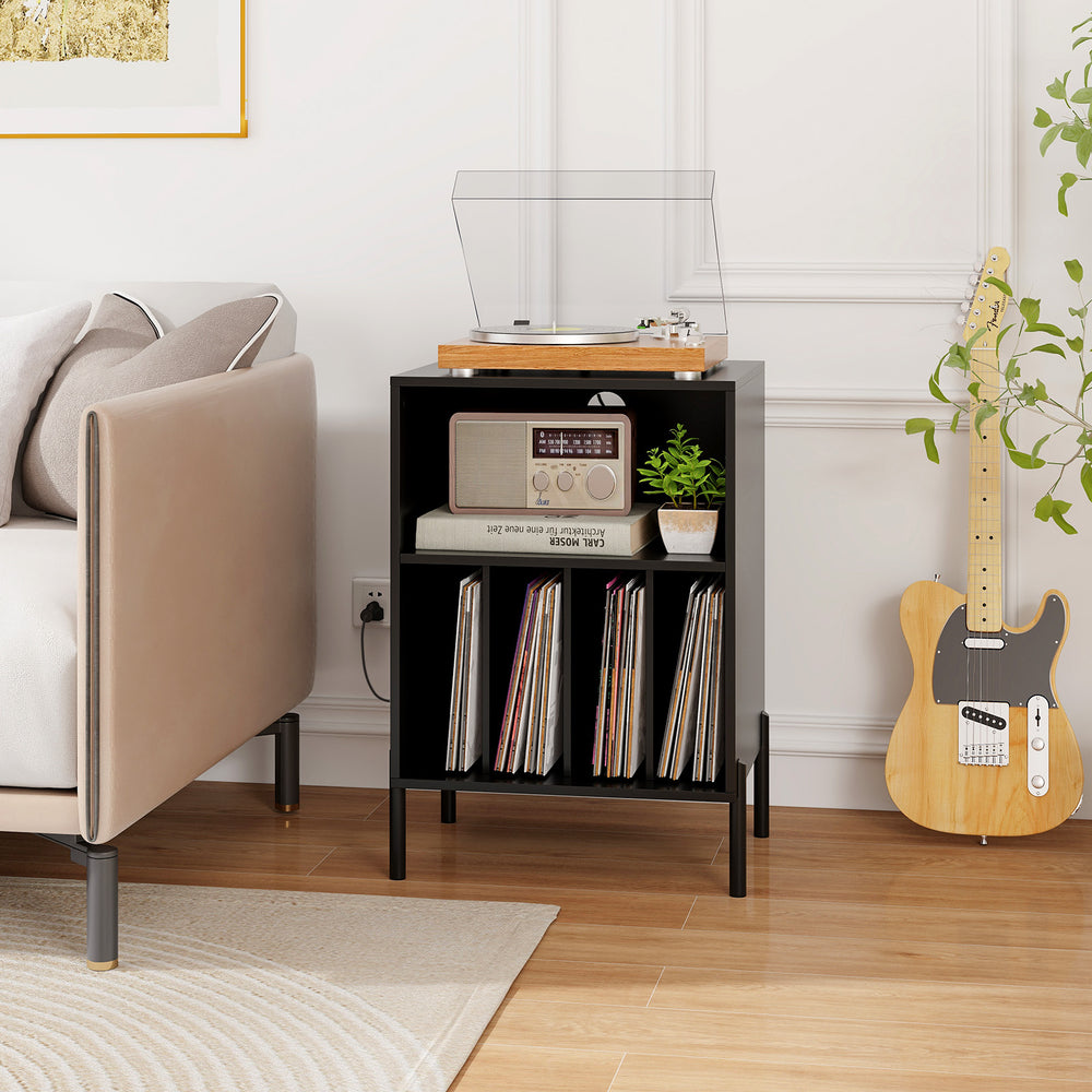 Record Player Stand with Record Storage Shelf and Charging Station-Black - Gallery View 1 of 10