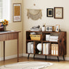Rustic brown record player stand with open shelves and charging station, featuring ample storage for vinyl records.