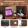 Record player stand in rustic brown with charging station, open shelves, and cable management for organized storage.