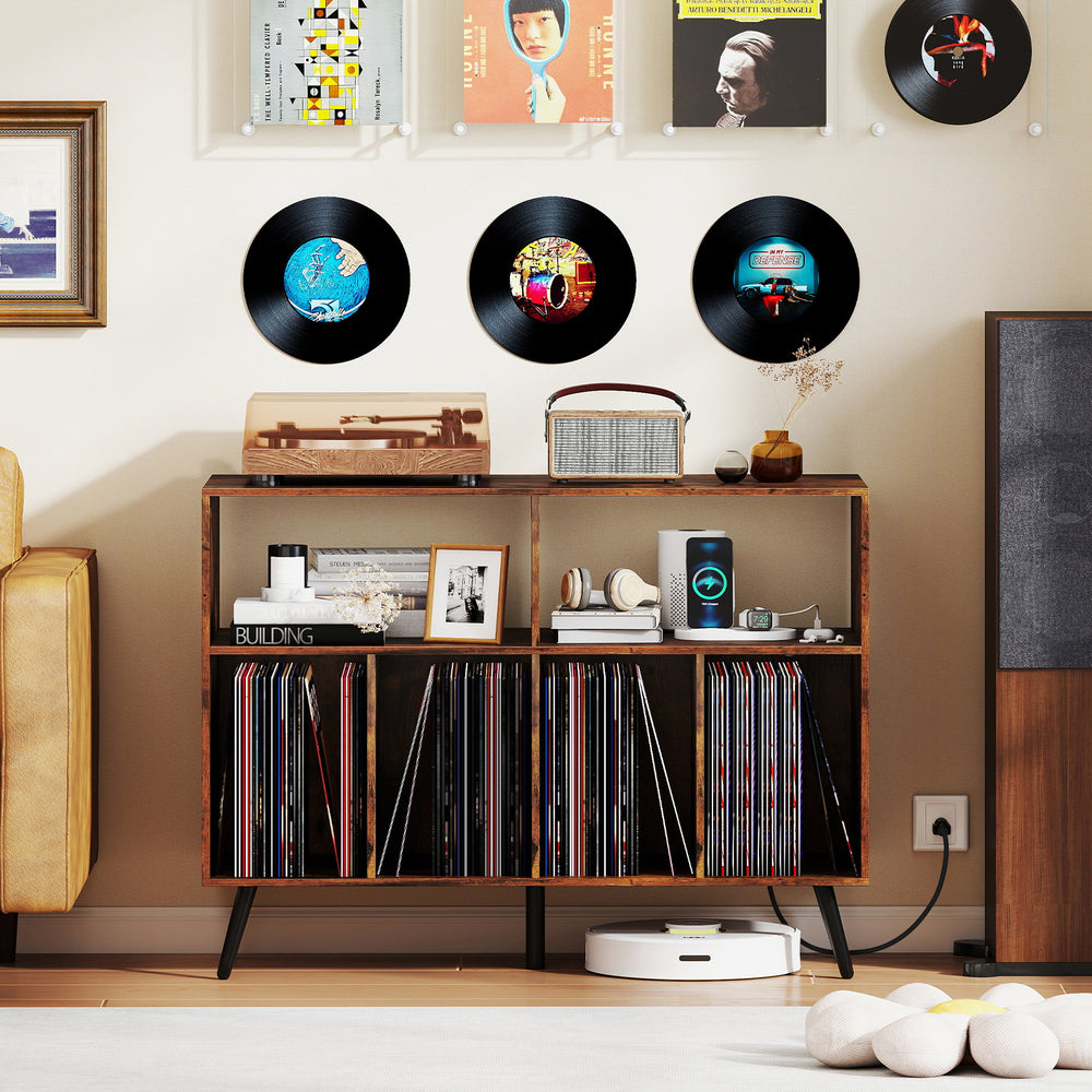 Record player stand in rustic brown with open shelves, storing vinyl records and featuring a charging station.