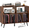Record player stand in rustic brown with open shelves, charging station, and ample storage for vinyl records.
