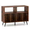 Rustic brown record player stand with open shelves, 4 compartments, and charging station for stylish vinyl storage.